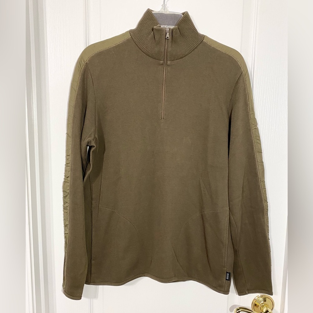 BOSS Hugo Boss 1/4 Zip Mock Neck Knit Sweater Tonal Sleeve Stripes Olive Green L